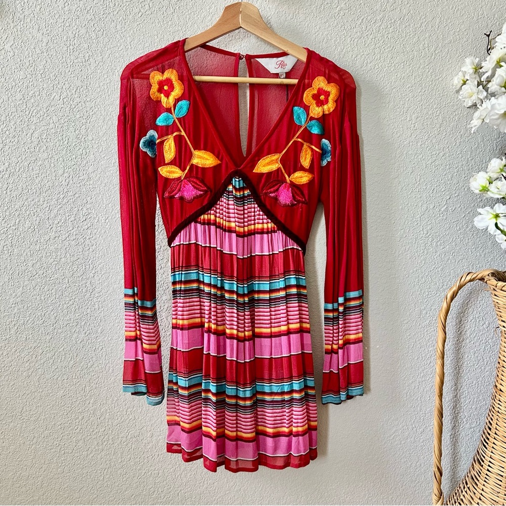 NEW Roja Sunset Saltillo Tunic Size XS Red Embroidered Serape Stripe Western
